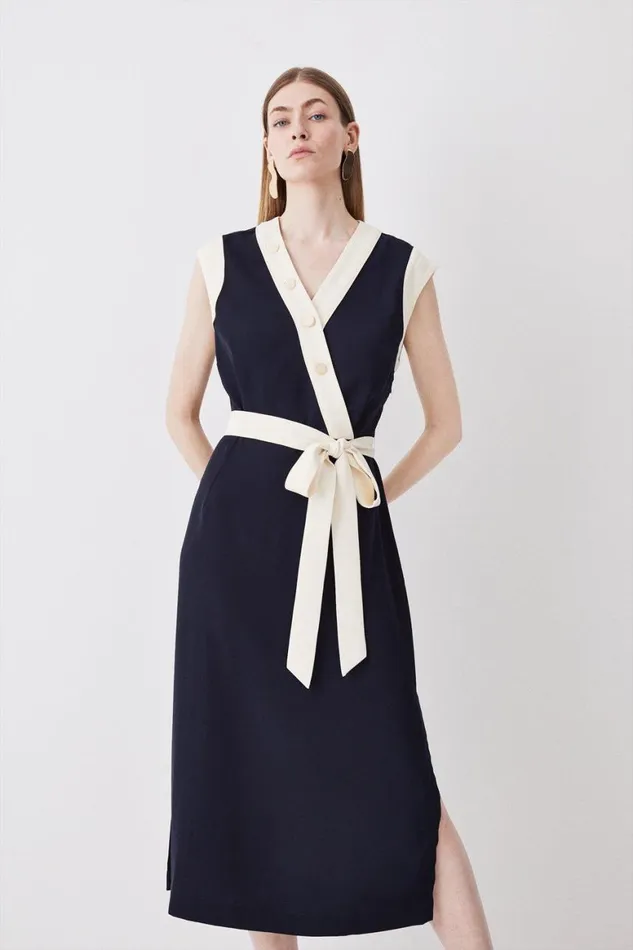 Dresses Women Karen Millen Twill Button Detailed Belted Woven Midi Dress Navy