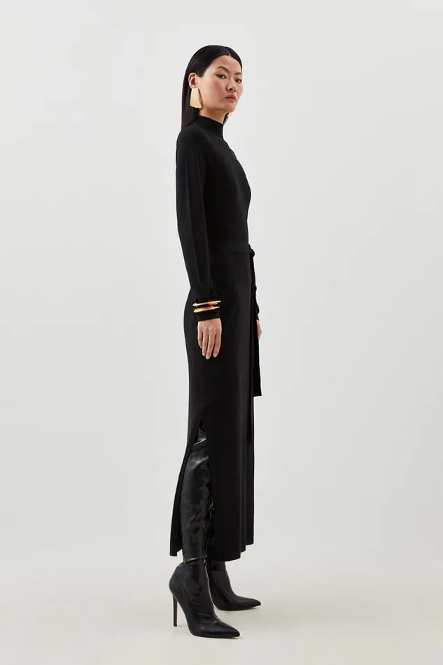 Dresses Women Karen Millen Viscose Blend Belted Knit Midaxi Dress Black