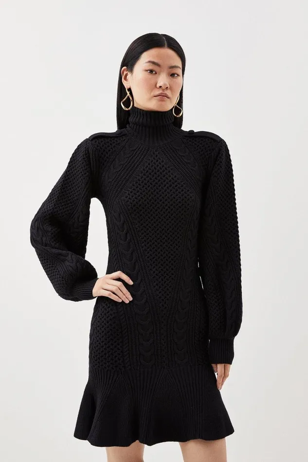 Dresses Women Karen Millen Viscose Blend Cable Knit Roll Neck Mini Dress Black Dresses Women Karen Millen Viscose Blend Cable Knit Roll Neck Mini Dress Black