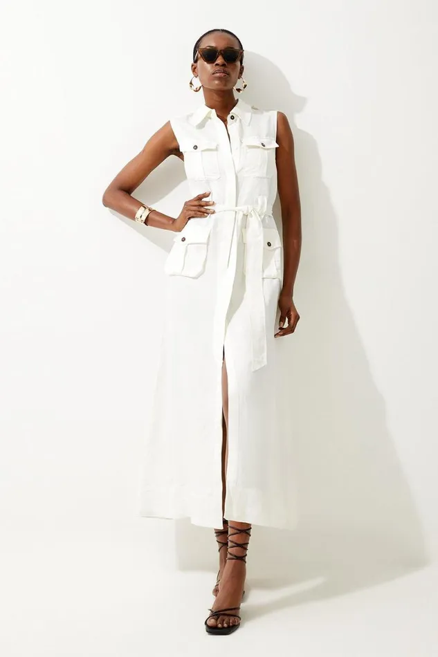 Dresses Women Karen Millen Viscose Linen Sleeveless Woven Maxi Shirt Dress Ivory