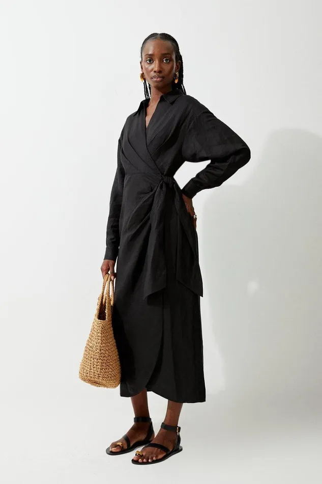 Dresses Women Karen Millen Viscose Linen Woven Tie Wrap Maxi Shirt Dress Black Dresses Women Karen Millen Viscose Linen Woven Tie Wrap Maxi Shirt Dress Black
