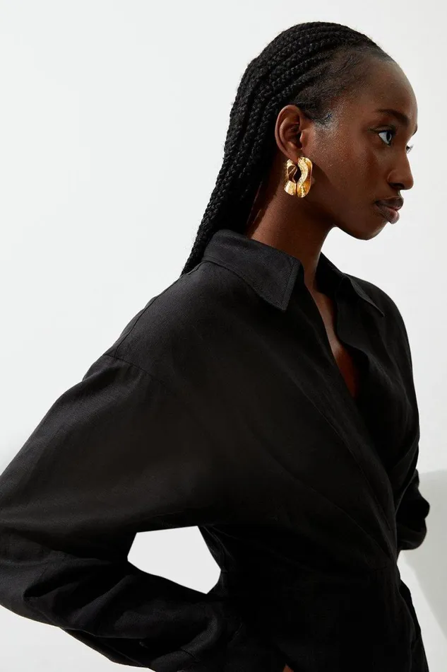 Dresses Women Karen Millen Viscose Linen Woven Tie Wrap Maxi Shirt Dress Black