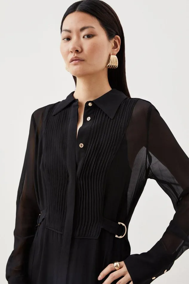Dresses Women Karen Millen Viscose Pintuck Shirt Woven Midi Dress Black