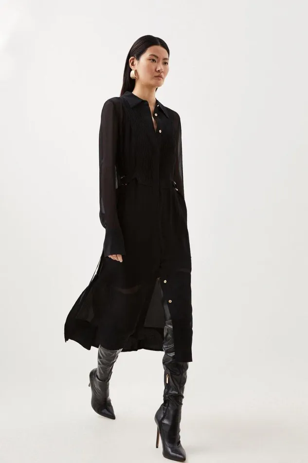 Dresses Women Karen Millen Viscose Pintuck Shirt Woven Midi Dress Black