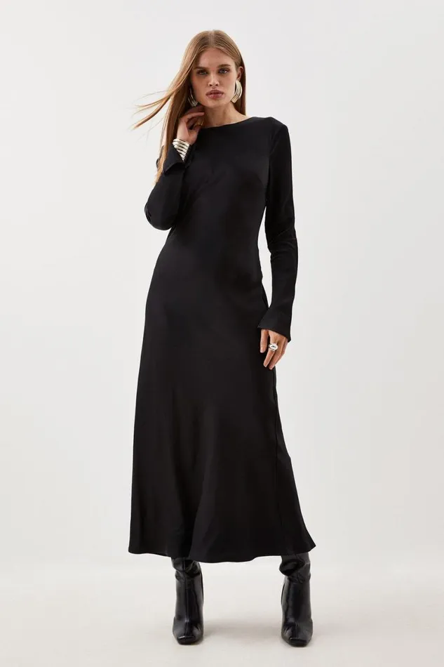 Dresses Women Karen Millen Viscose Satin Woven Long Sleeve Maxi Dress Black