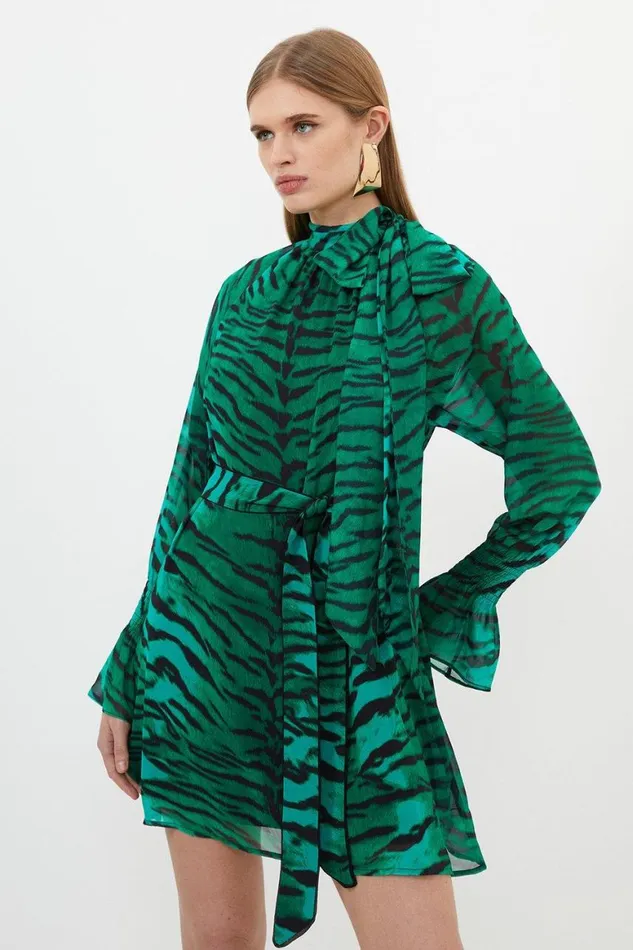 Dresses Women Karen Millen Wild Tiger Printed Georgette Woven Belted Mini Dress Green Dresses Women Karen Millen Wild Tiger Printed Georgette Woven Belted Mini Dress Green