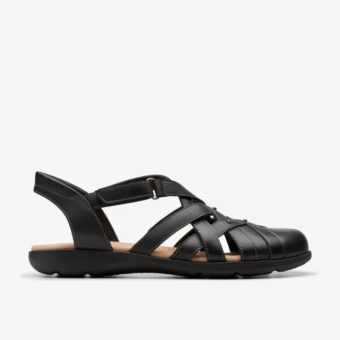 Elizabelle Sea Black Leather Women Clarks Sandals and Flip Flops