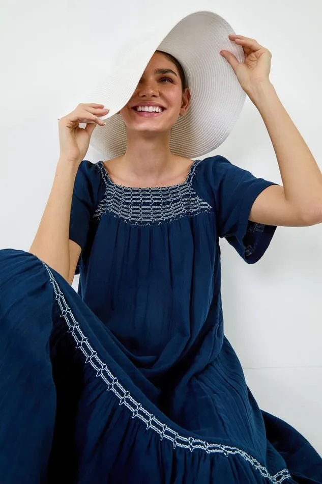 Embroidered Cotton Midi Smock Dress Women Roman Dresses