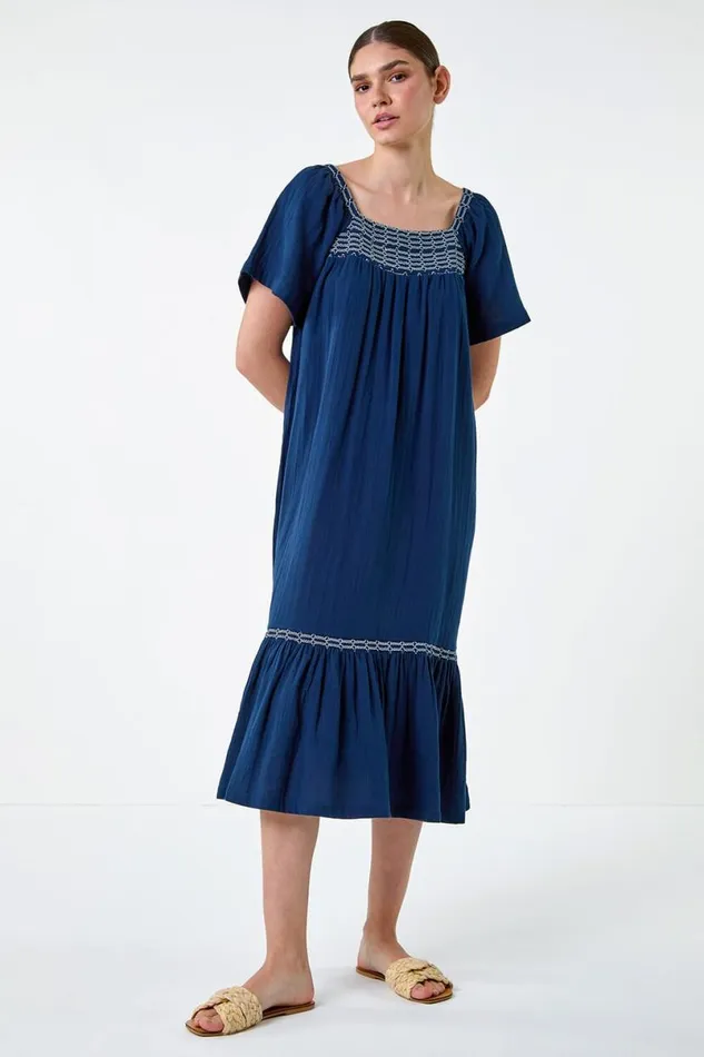 Embroidered Cotton Midi Smock Dress Women Roman Dresses