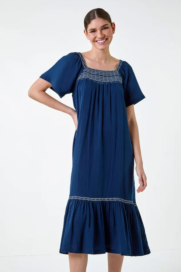 Embroidered Cotton Midi Smock Dress Women Roman Dresses