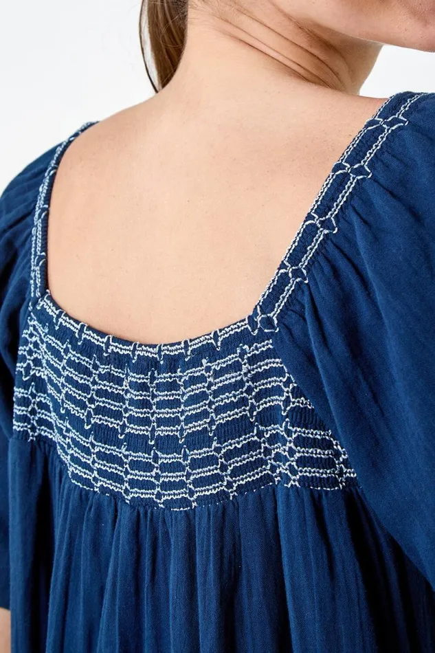 Embroidered Cotton Midi Smock Dress Women Roman Dresses