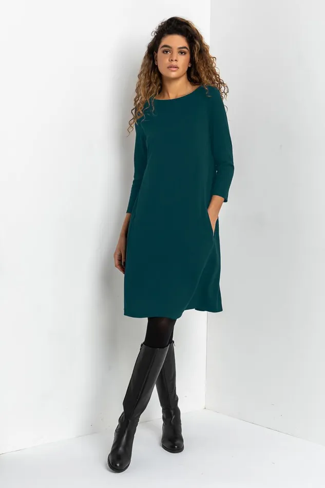 Forest Green ALine Pocket Detail Swing Dress Women Roman Dresses