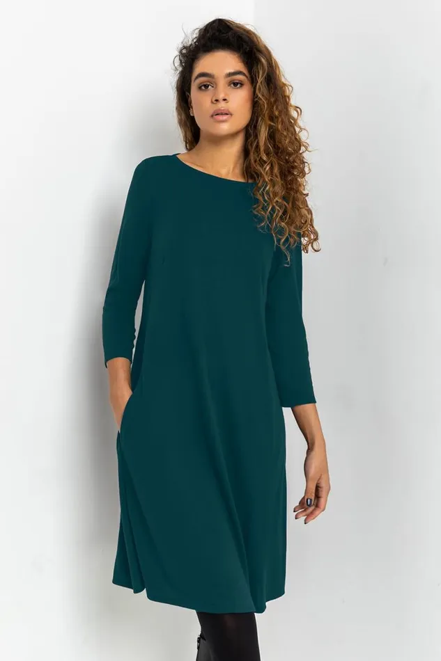 Forest Green ALine Pocket Detail Swing Dress Women Roman Dresses