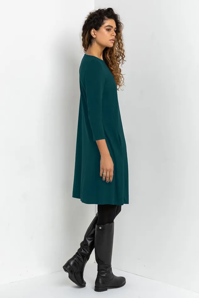 Forest Green ALine Pocket Detail Swing Dress Women Roman Dresses