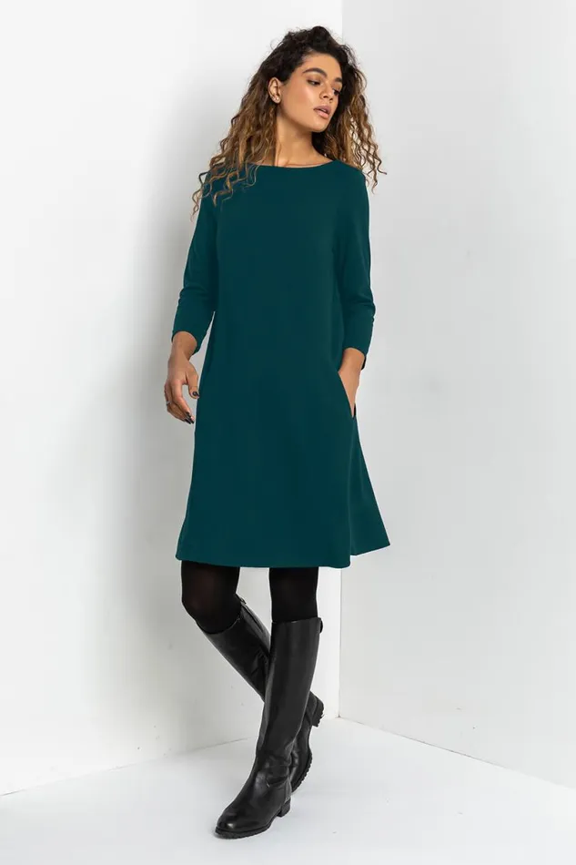 Forest Green ALine Pocket Detail Swing Dress Women Roman Dresses