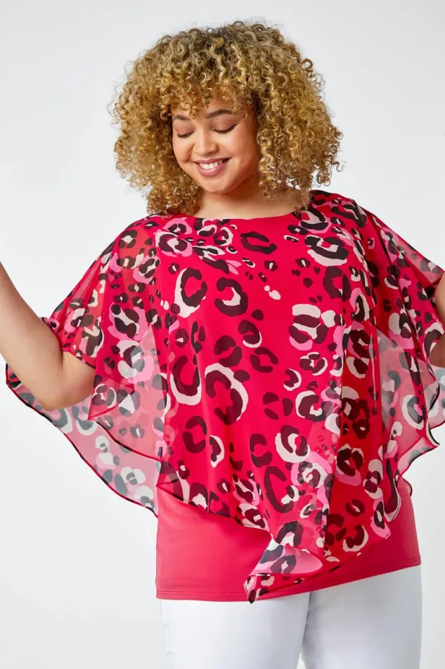 Fuchsia Curve Animal Print Chiffon Overlay Top Women Roman Tops