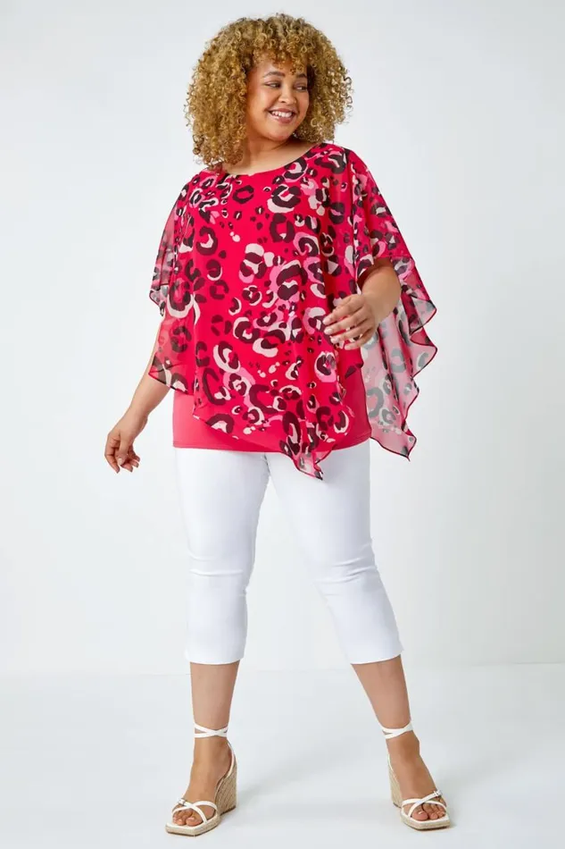 Fuchsia Curve Animal Print Chiffon Overlay Top Women Roman Tops