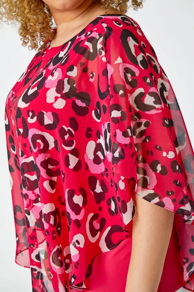 Fuchsia Curve Animal Print Chiffon Overlay Top Women Roman Tops