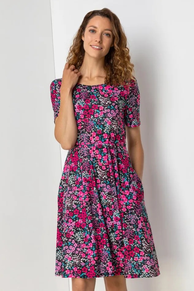Fuchsia Floral Print Belted Skater Dress Women Roman Dresses