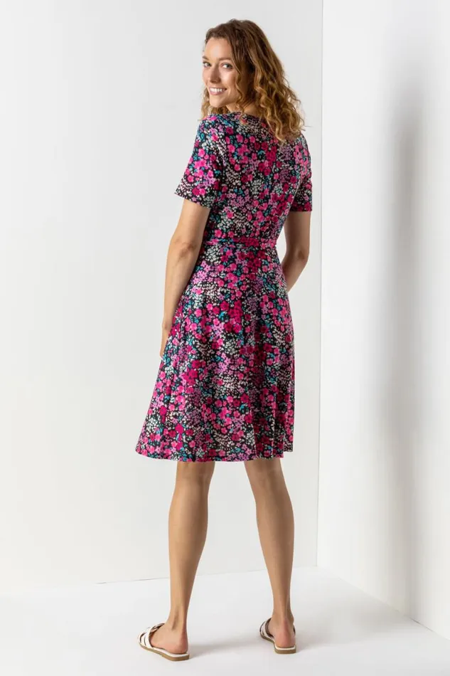 Fuchsia Floral Print Belted Skater Dress Women Roman Dresses