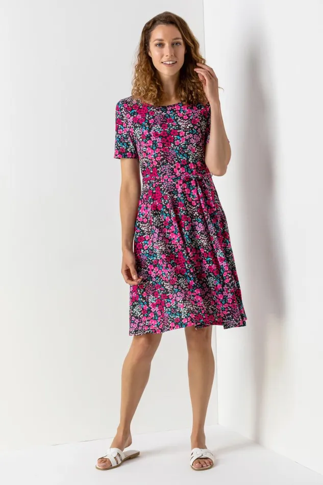 Fuchsia Floral Print Belted Skater Dress Women Roman Dresses