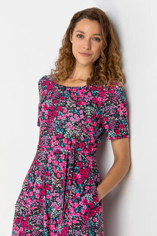 Fuchsia Floral Print Belted Skater Dress Women Roman Dresses