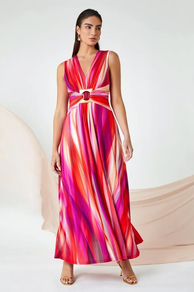 Fuchsia Ombre Buckle Detail Maxi Stretch Dress Women Roman Dresses