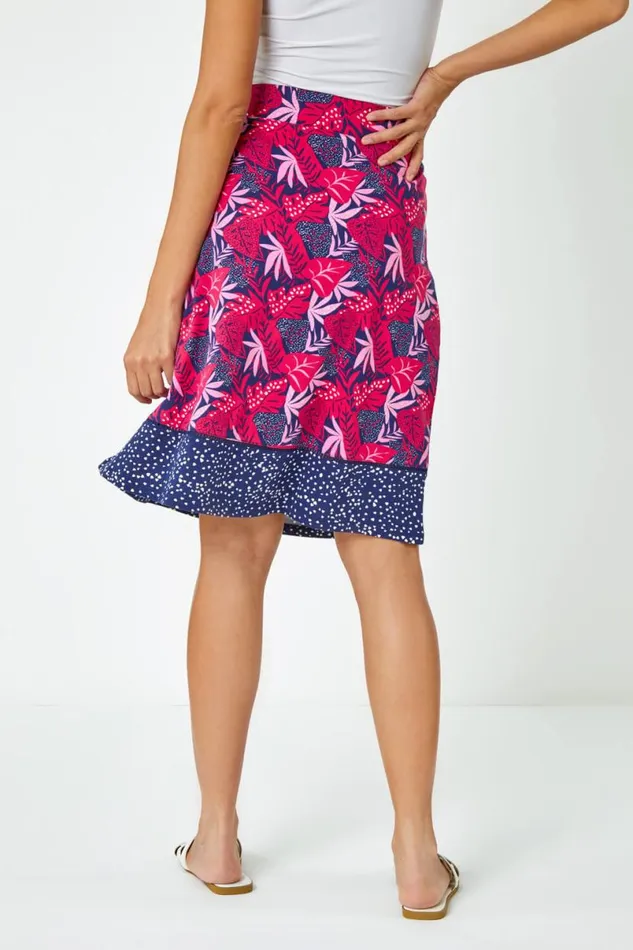 Fuchsia Palm Print Stretch A Line Skirt Women Roman Skirts