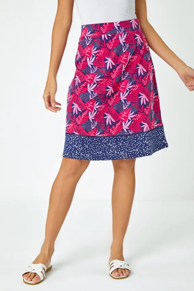 Fuchsia Palm Print Stretch A Line Skirt Women Roman Skirts