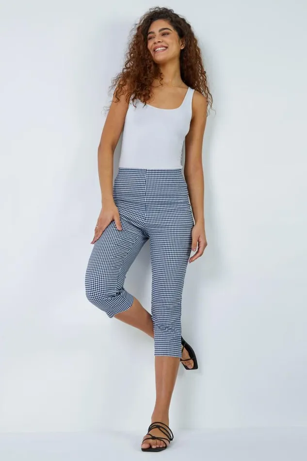 Gingham Elastic Waist Stretch Cropped Trouser Women Roman Trousers