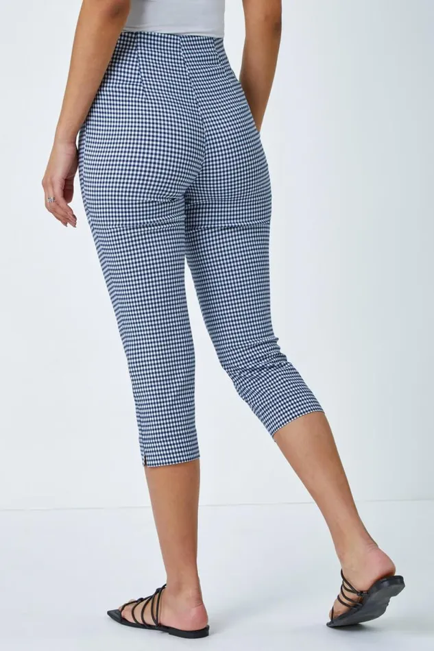Gingham Elastic Waist Stretch Cropped Trouser Women Roman Trousers