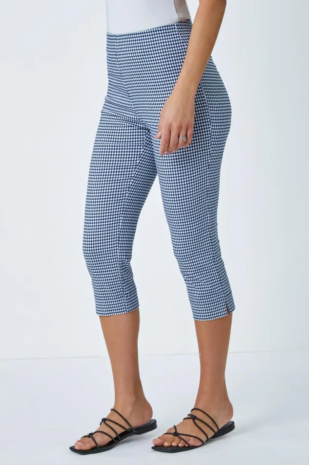Gingham Elastic Waist Stretch Cropped Trouser Women Roman Trousers