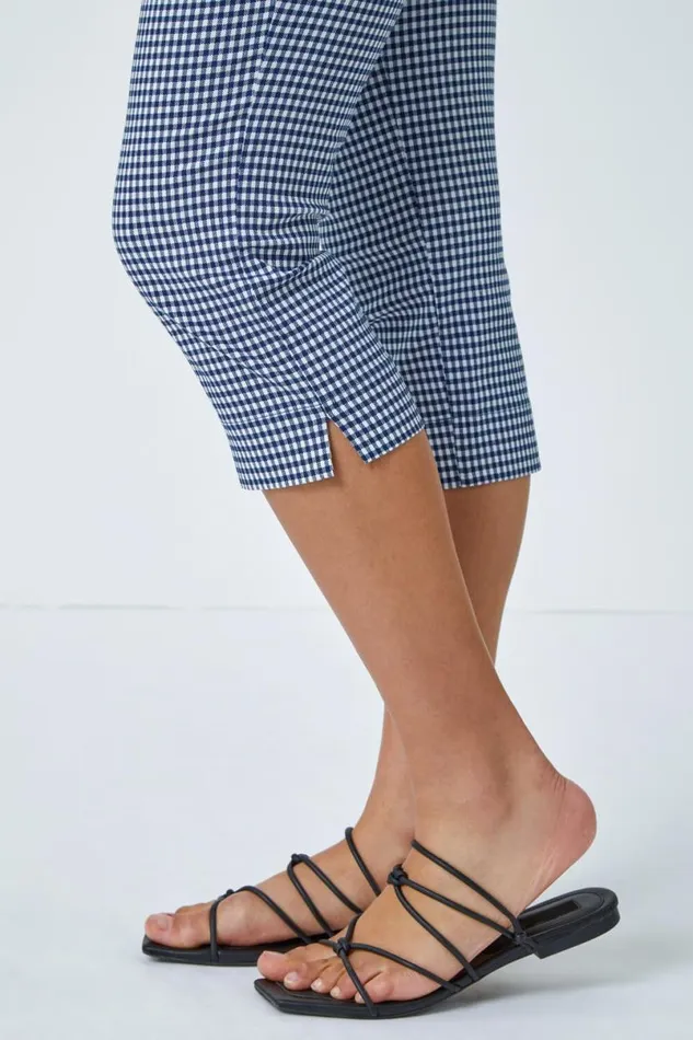 Gingham Elastic Waist Stretch Cropped Trouser Women Roman Trousers
