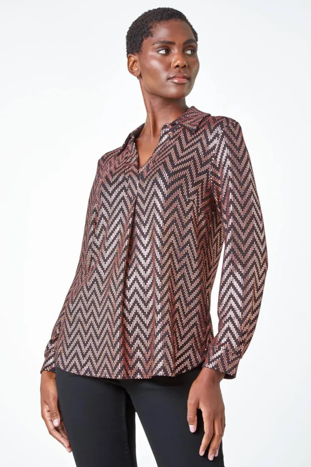 Gold Zig Zag Sequin Stretch Shirt Women Roman Tops