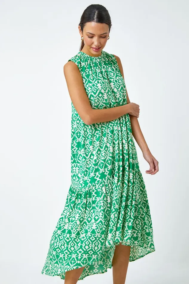 Green Aztec Tiered Smock Midi Dress Women Roman Dresses