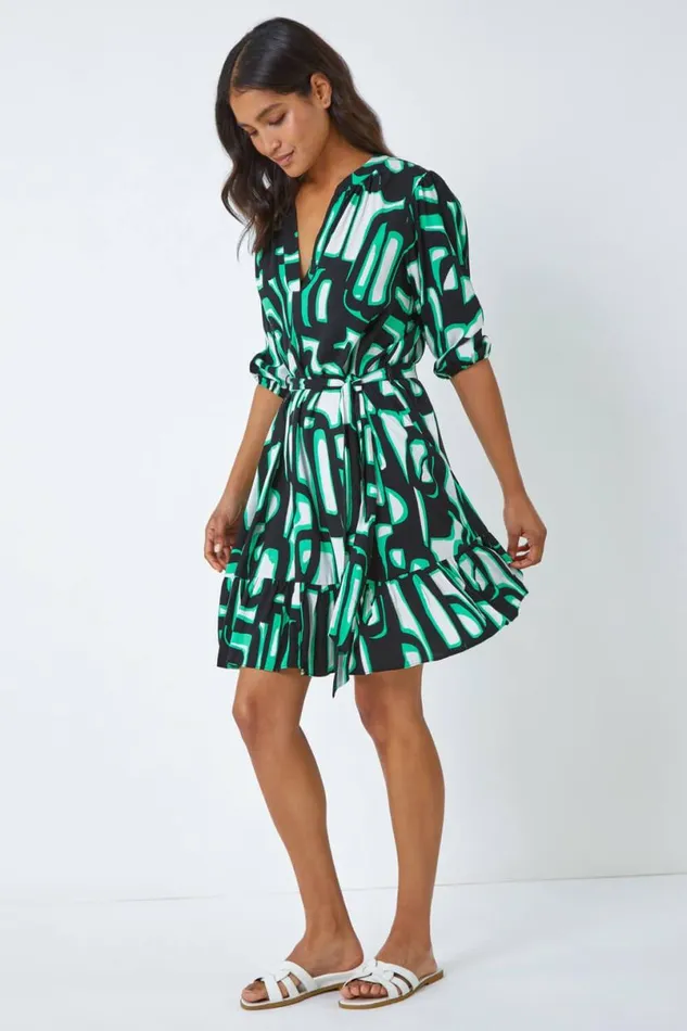 Green Belted Frill Hem Geometric Print Dress Women Roman Dresses