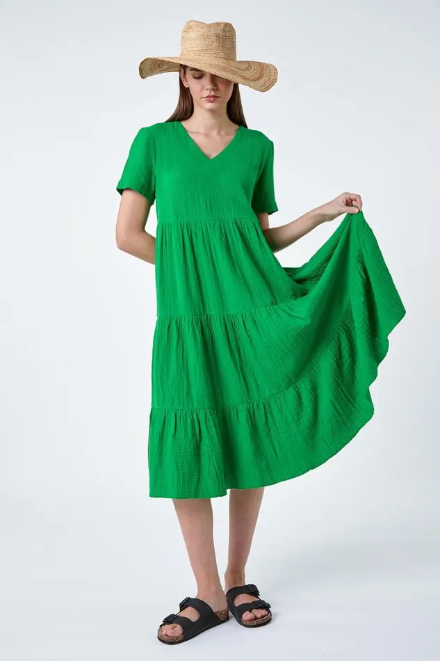 Green Cotton Textured Tiered Midi Dress Women Roman Dresses