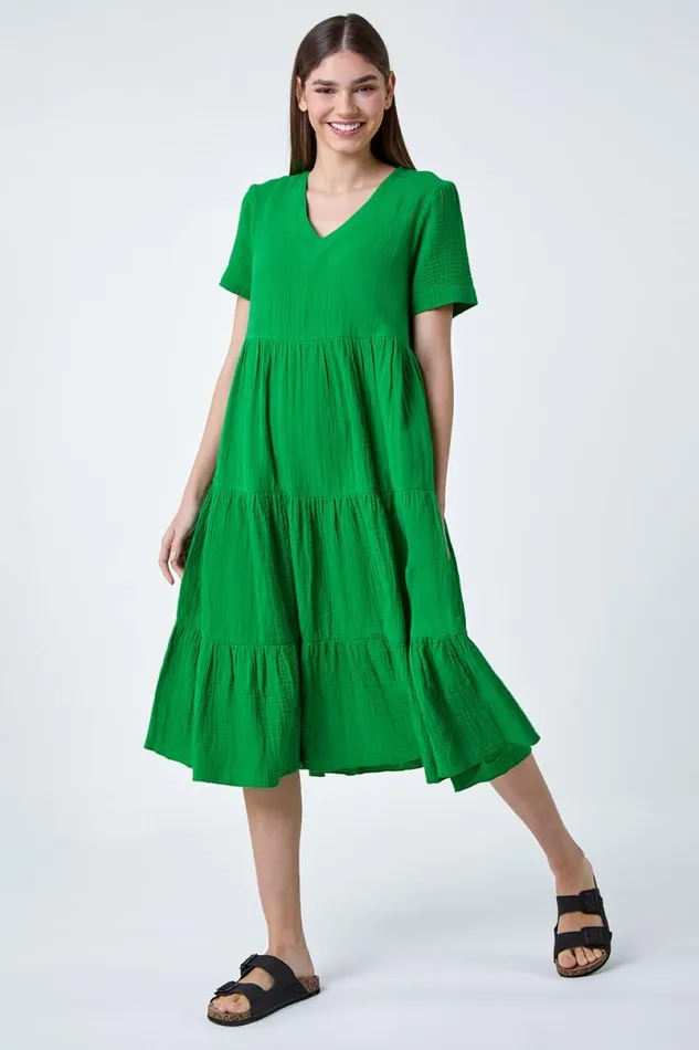 Green Cotton Textured Tiered Midi Dress Women Roman Dresses