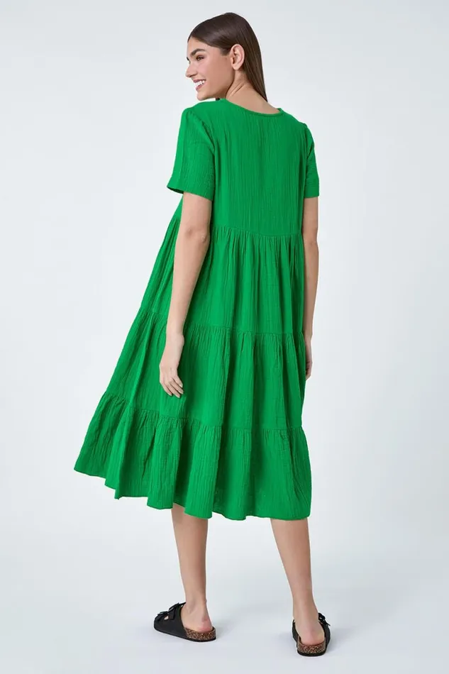 Green Cotton Textured Tiered Midi Dress Women Roman Dresses