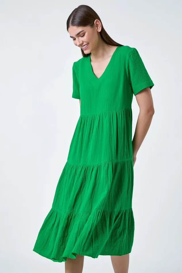 Green Cotton Textured Tiered Midi Dress Women Roman Dresses