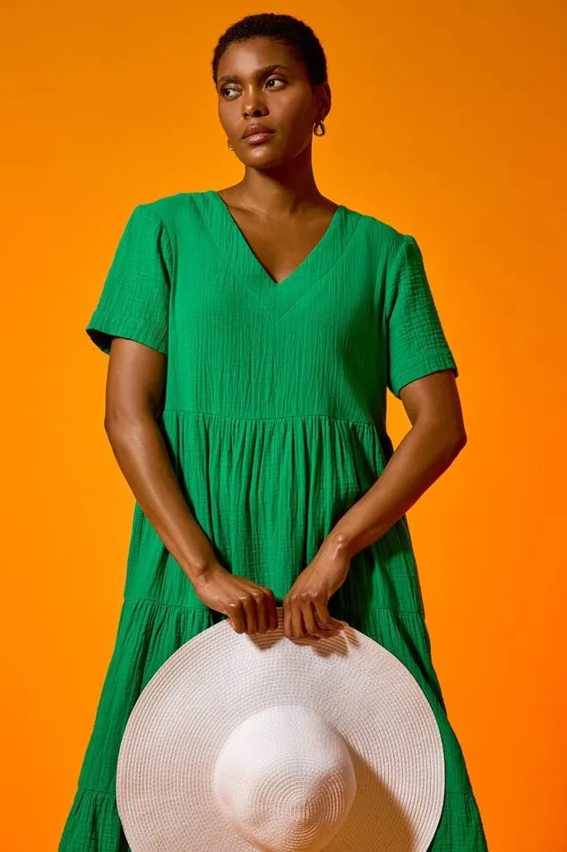 Green Cotton Textured Tiered Midi Dress Women Roman Dresses