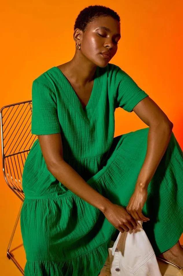 Green Cotton Textured Tiered Midi Dress Women Roman Dresses