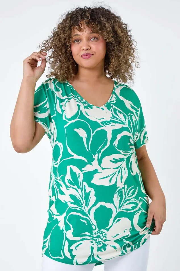 Green Curve Floral Tie Back VNeck Stretch Top Women Roman Tops