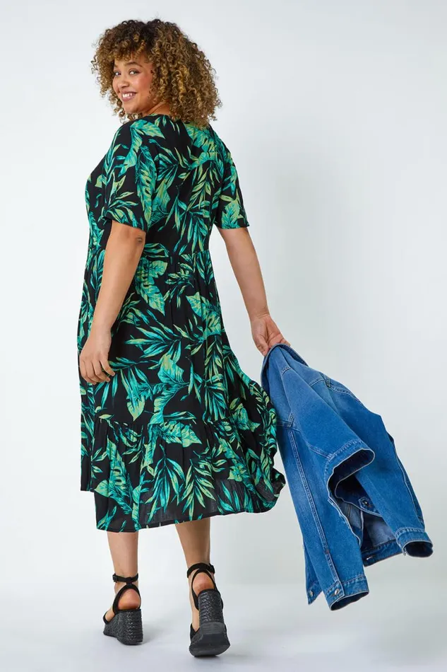 Green Curve Geometric Tiered Frill Midi Dress Women Roman Dresses