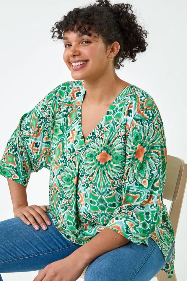 Green Curve Printed Pleat Front Top Women Roman Tops