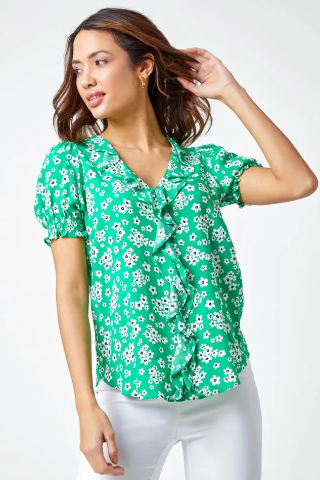 Green Ditsy Floral Print Ruffle Top Women Roman Tops