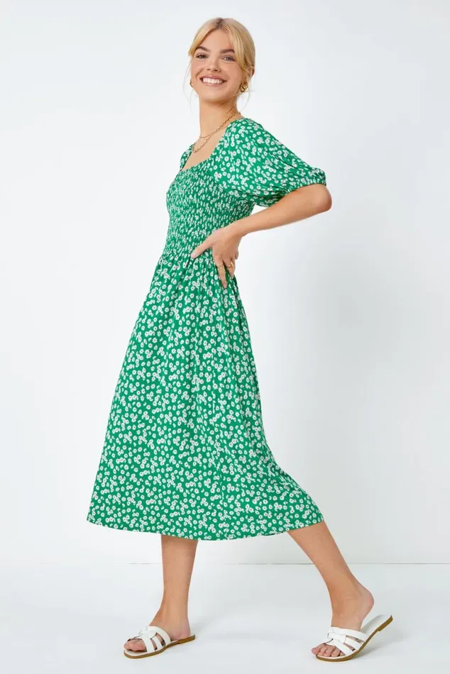 Green Ditsy Floral Print Shirred Dress Women Roman Dresses