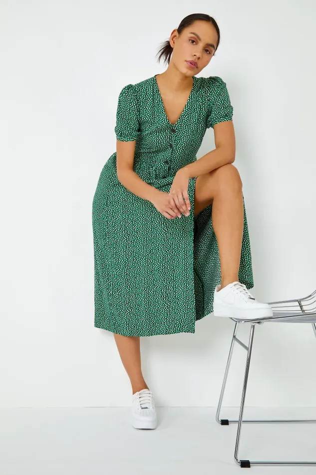 Green Ditsy Spot Button Through Midi Dress Women Roman Dresses