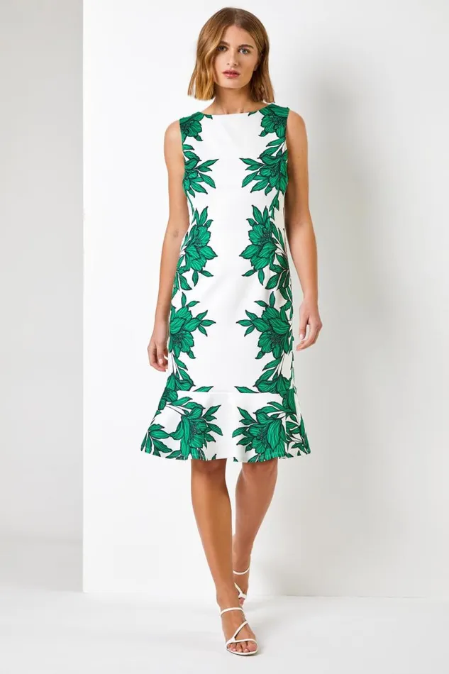 Green Floral Border Print Frill Stretch Dress Women Roman Dresses