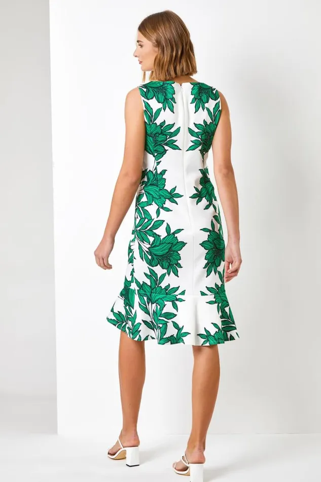 Green Floral Border Print Frill Stretch Dress Women Roman Dresses